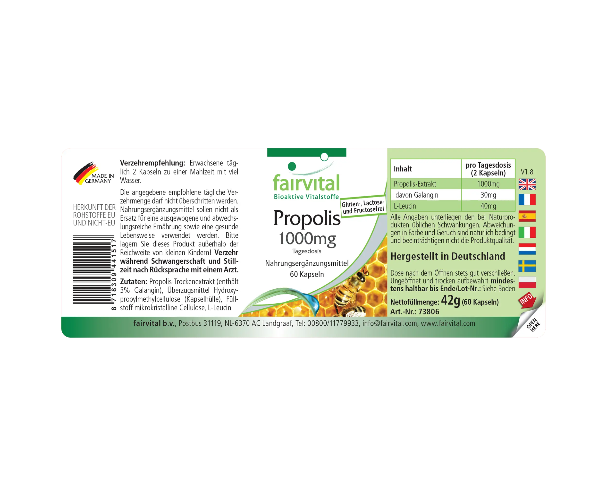 Propoli 1000mg Dose Giornaliera – 60 Capsule – Estratto Naturale di Resina d'Ape – Con 3% di Galangina | Fairvital