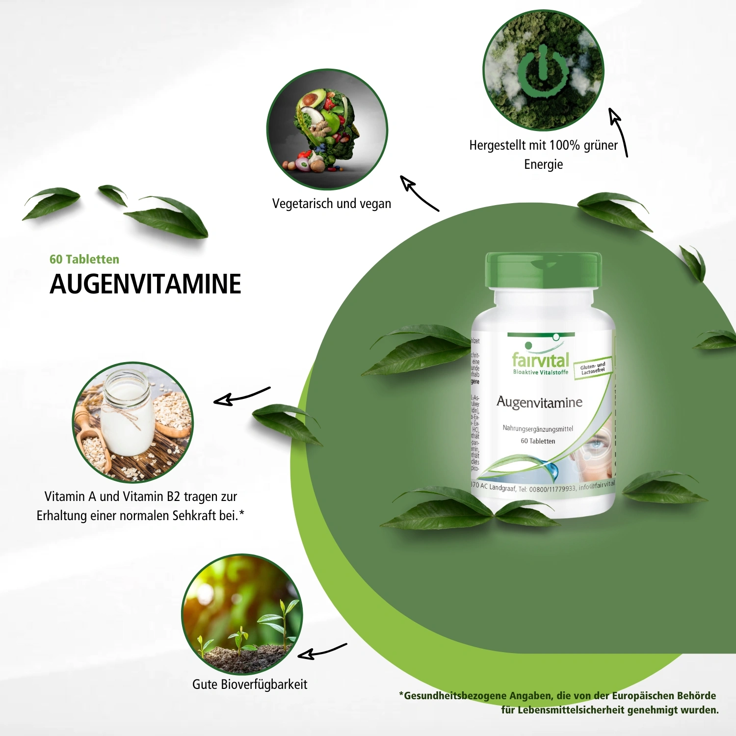 Augenvitamine - 60 Tabletten - mit Vitamin A, Riboflavin, Zink, uvm. - für Sehkraft, Zellteilung uvm. - schluckfreundlich | Fairvital