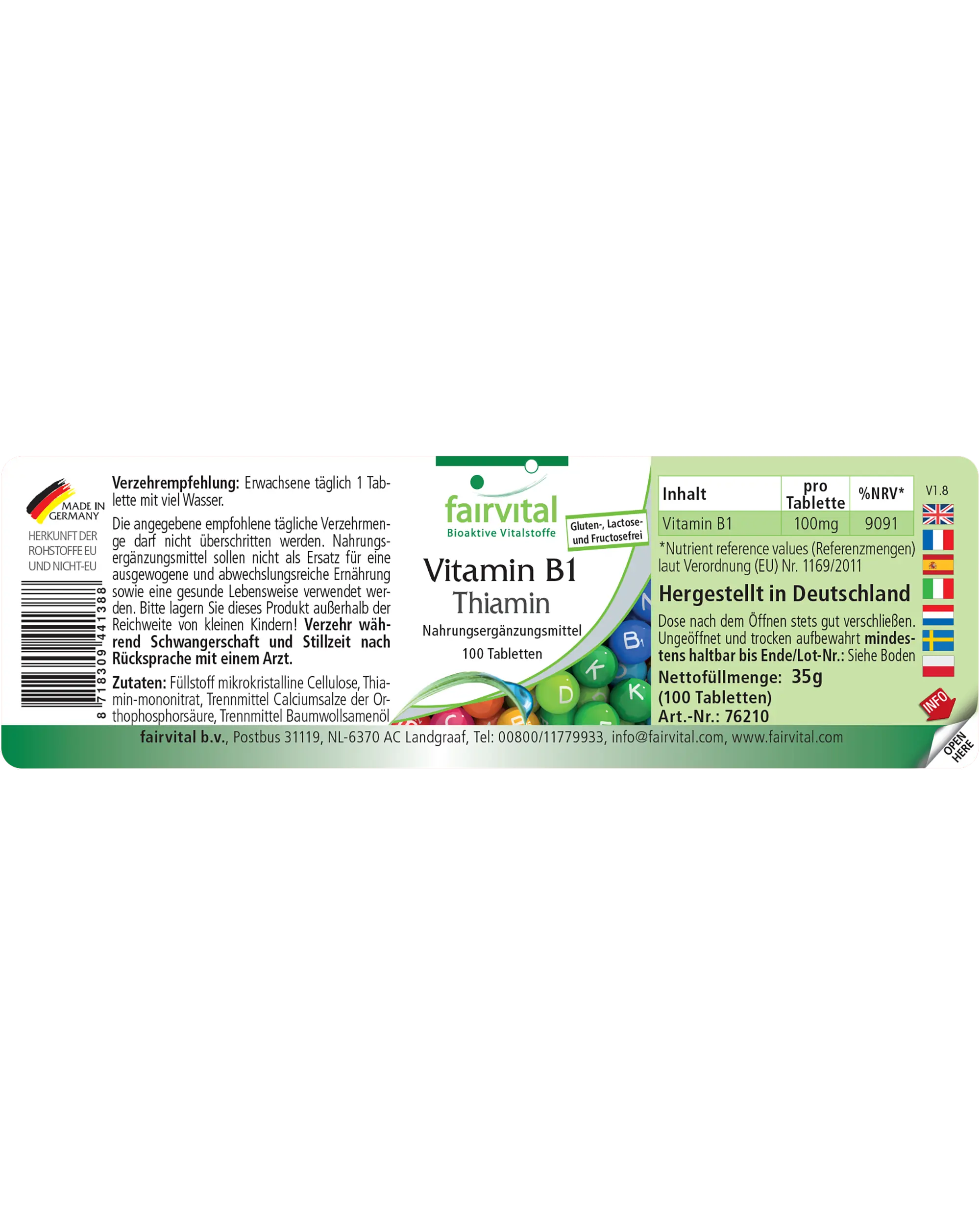 Vitamin B1 Thiamin - 100 Tabletten - für Herz, Nervensystem uvm. - Vegan | Fairvital