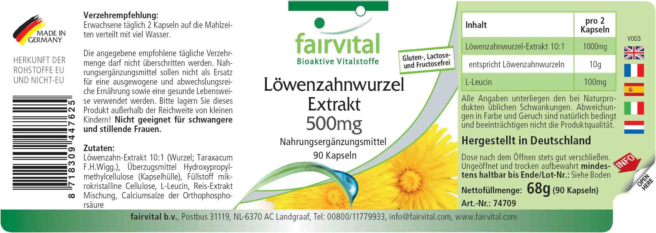 Löwenzahnwurzel-Extrakt 500mg - 90 Kapseln - 10-fach konzentriert - Hochdosiert und Vegan | Fairvital Löwenzahnwurzel-Extrakt 500mg - 90 Kapseln - 10-fach konzentriert - Hochdosiert und Vegan | Fairvital