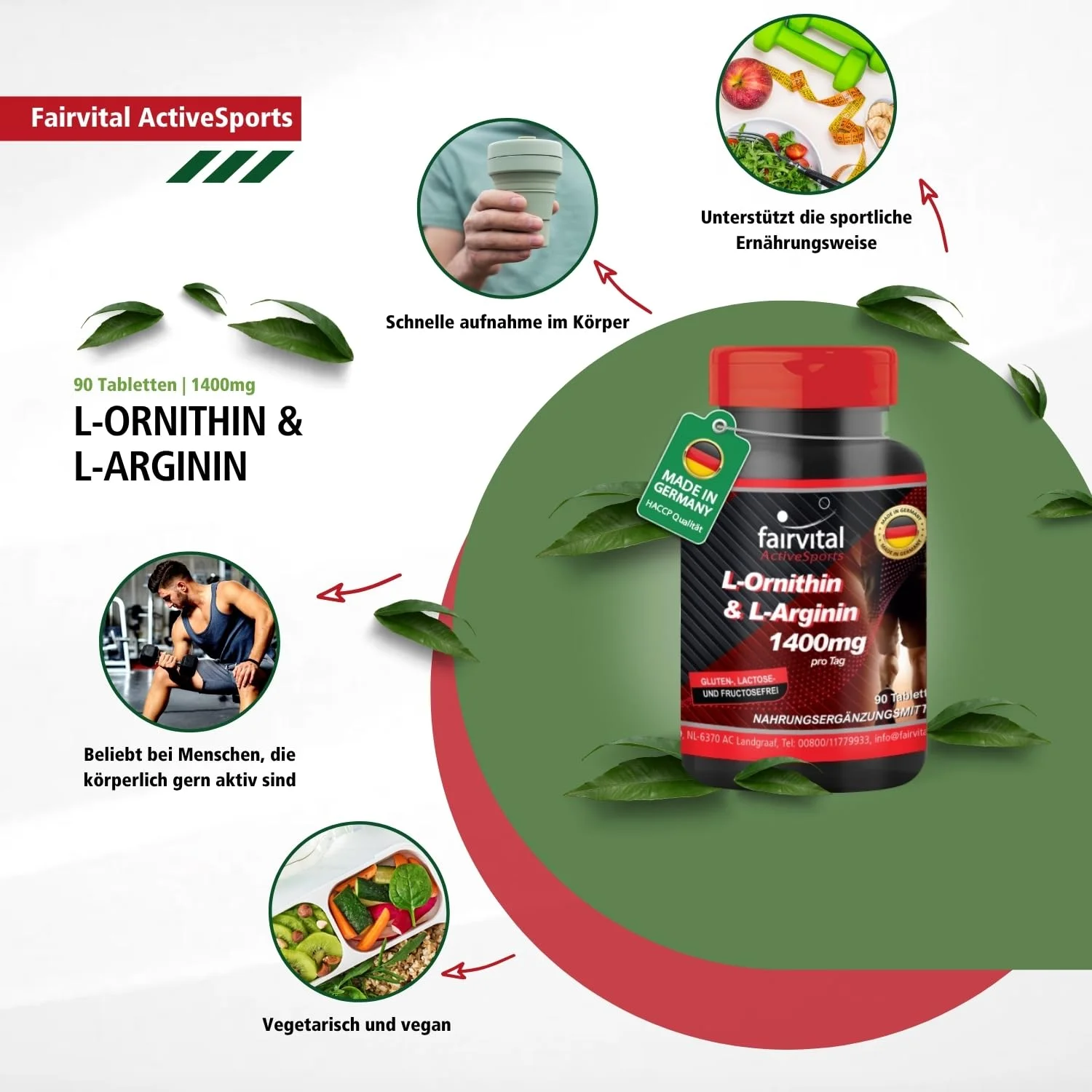 L-Ornithin & L-Arginin 1400mg pro Tagesdosis - 90 Tabletten  - Aminosäure - Hochdosiert und Vegan | Fairvital