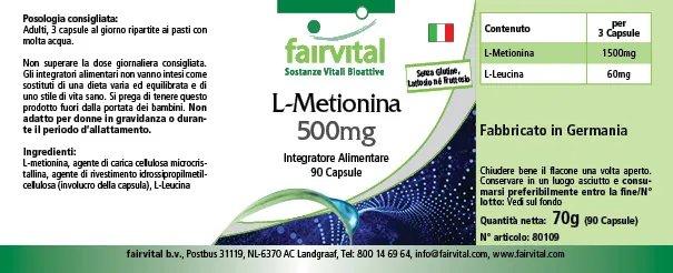 L-Methionin 500mg - 90 Kapseln - Vegan | Fairvital L-Methionin 500mg - 90 Kapseln - Vegan | Fairvital
