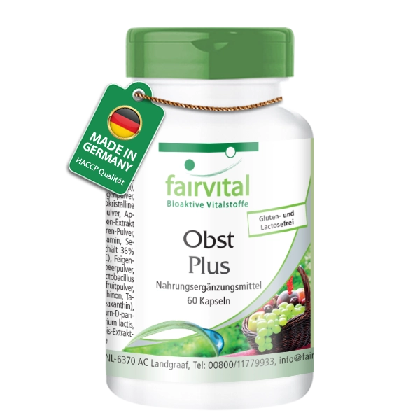 Obst Plus - 60 Kapseln - mit Zink, Vitamin B12, Selen uvm. - für Immunsystem, Zellschutz uvm. - Vegan | Fairvital Obst Plus - 60 Kapseln - mit Zink, Vitamin B12, Selen uvm. - für Immunsystem, Zellschutz uvm. - Vegan | Fairvital