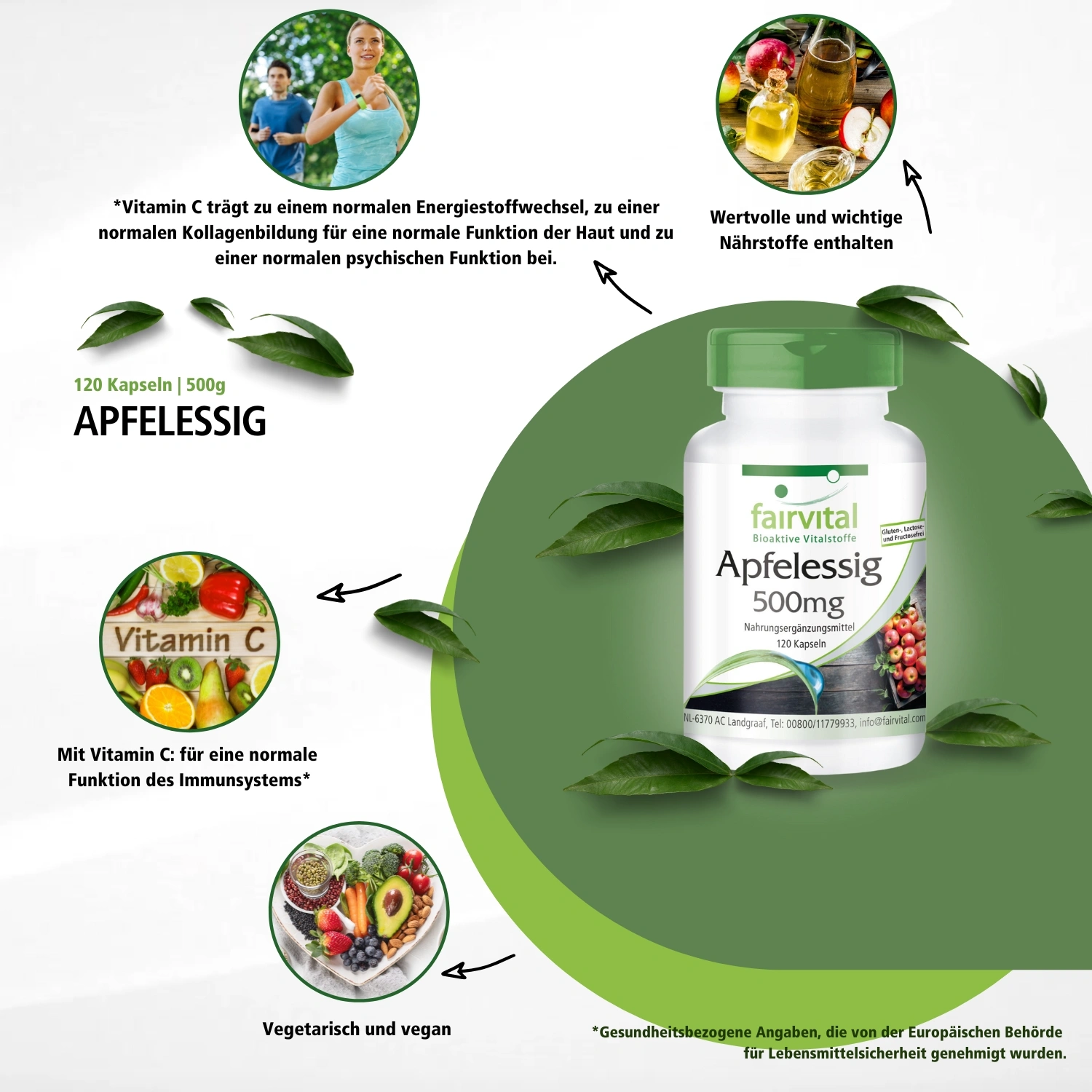 Apfelessig 500mg - 120 Kapseln - Vegan | Fairvital