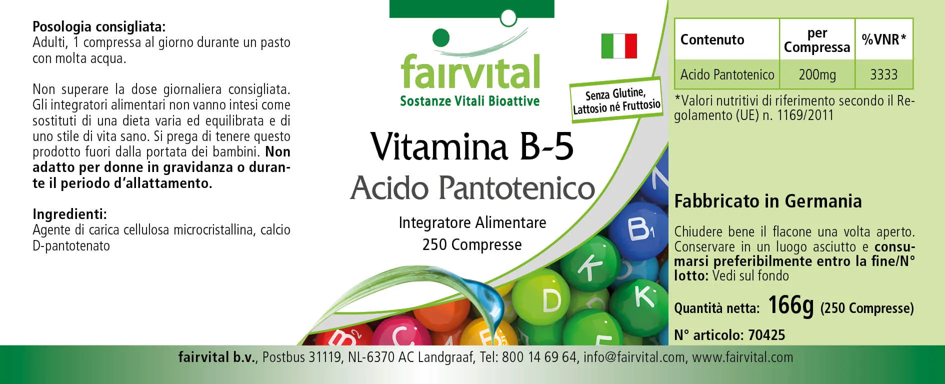 Vitamine B-5 pantotheenzuur 200mg - 250 tabletten