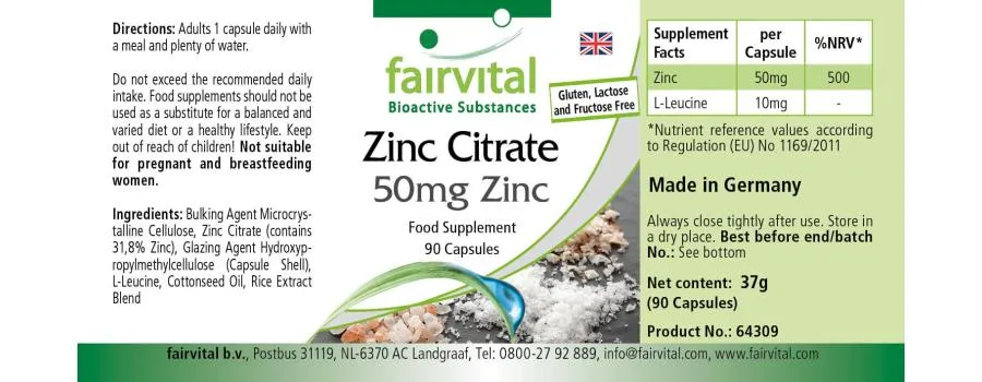 Citrate de zinc avec 50mg de zinc - 90 gélules