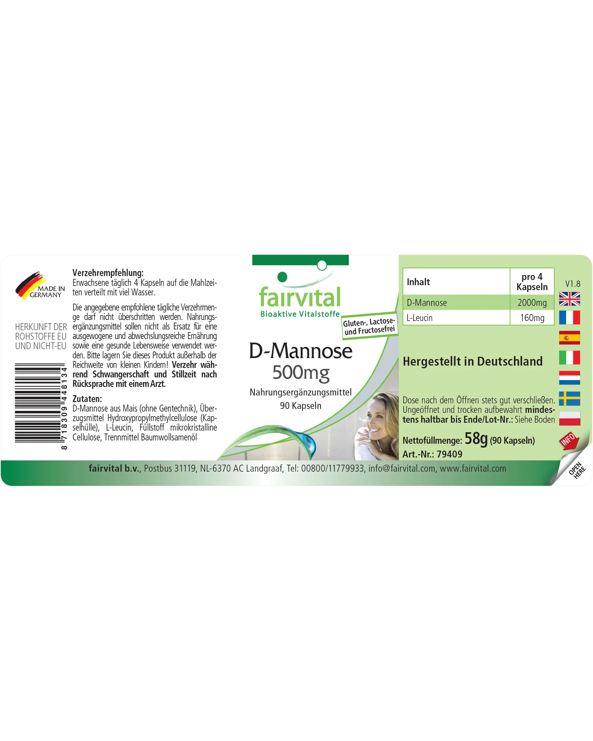 D-Mannose 500mg - 90 Kapseln - natürliches Monosaccharid - Hochdosiert und Vegan | Fairvital