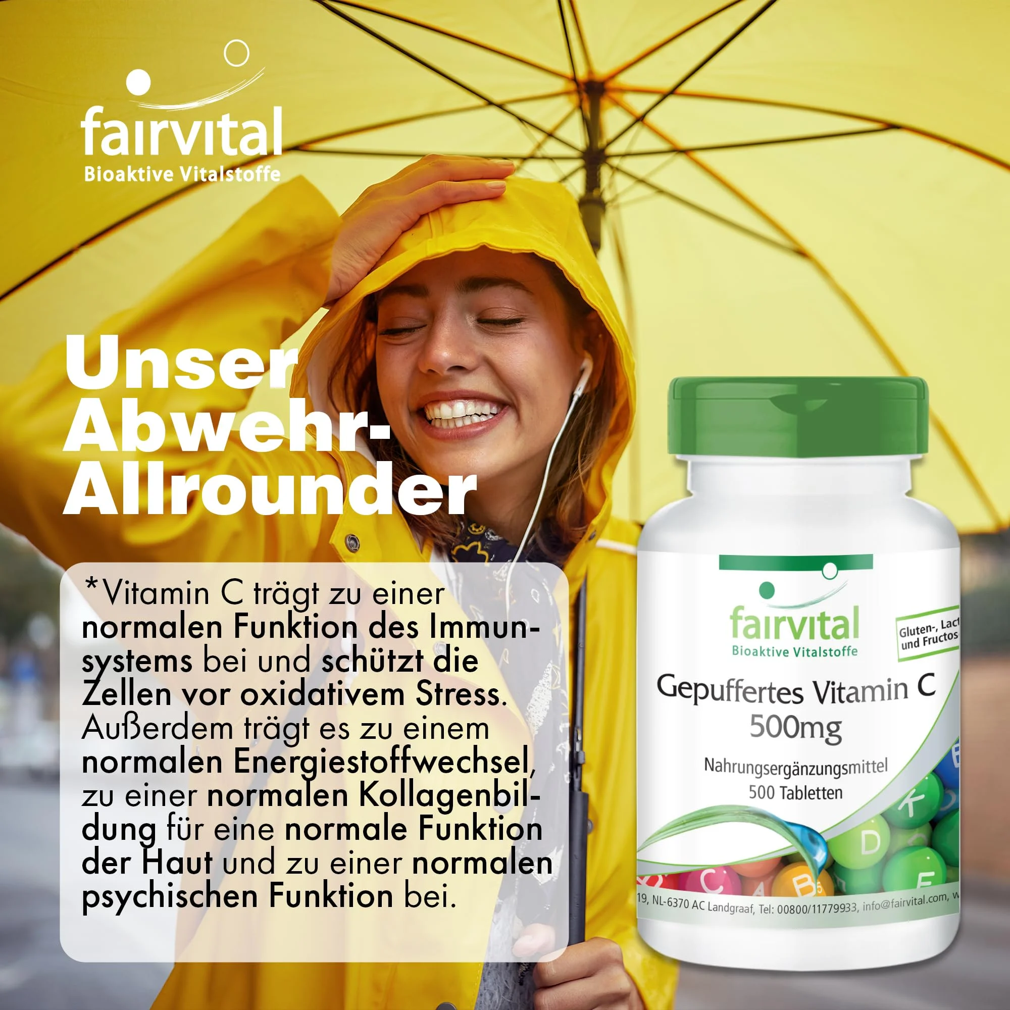 Gepuffertes Vitamin C 500mg - 500 Tabletten - für Immunsystem; Kollagenbildung; uvm. - Schluckfreundlich - Vegan | Fairvital