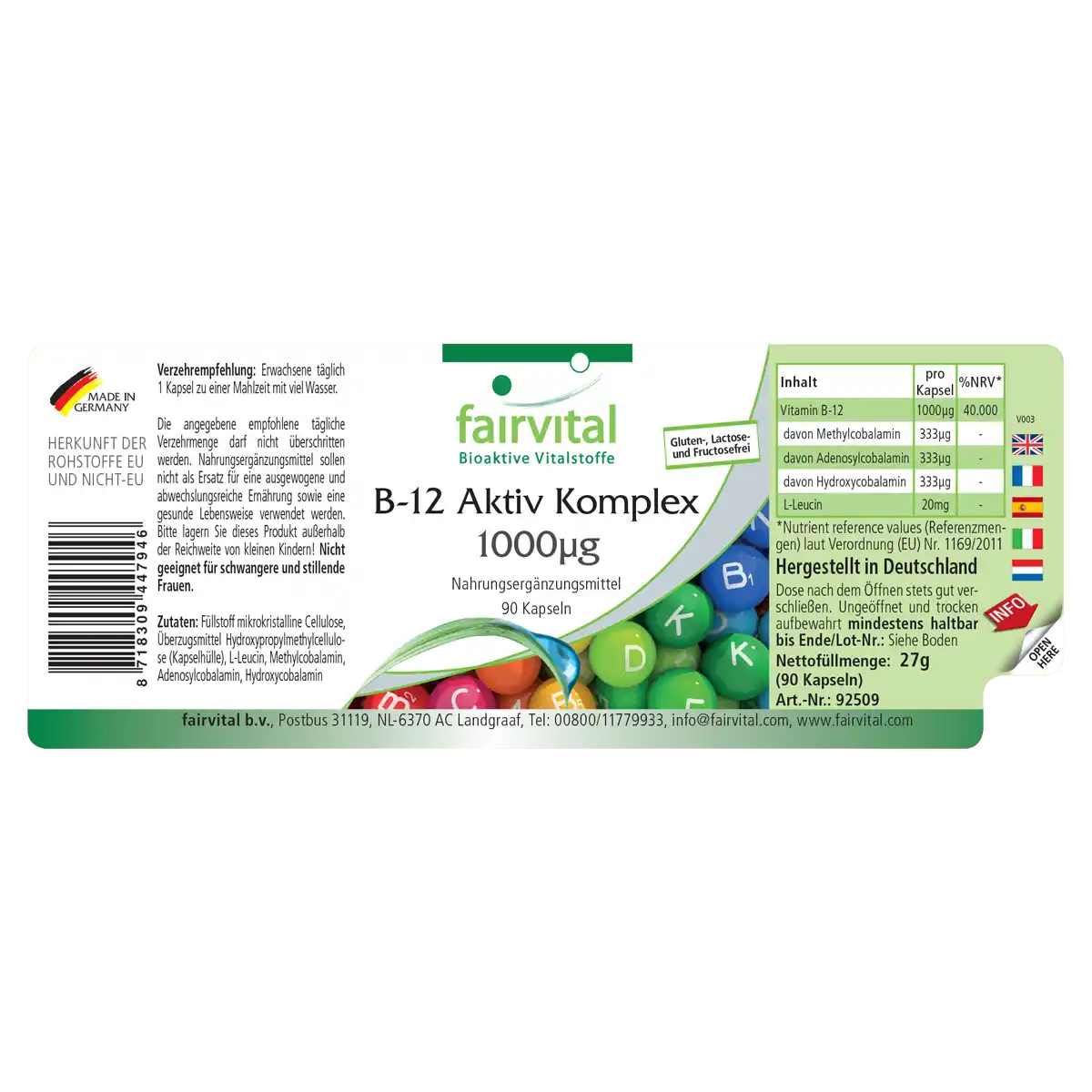 B-12 Aktiv-Komplex 1000µg - mit Vitamin B12 - 90 Kapseln - Vegan | Fairvital B-12 Aktiv-Komplex 1000µg - mit Vitamin B12 - 90 Kapseln - Vegan | Fairvital