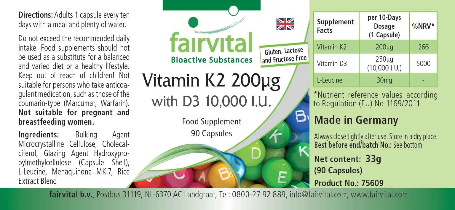 Vitamin K2 200µg mit D3 10000 I.E. - 90 Kapseln - für Knochen, Blutgerinnung uvm. | Fairvital Vitamin K2 200µg mit D3 10000 I.E. - 90 Kapseln - für Knochen, Blutgerinnung uvm. | Fairvital