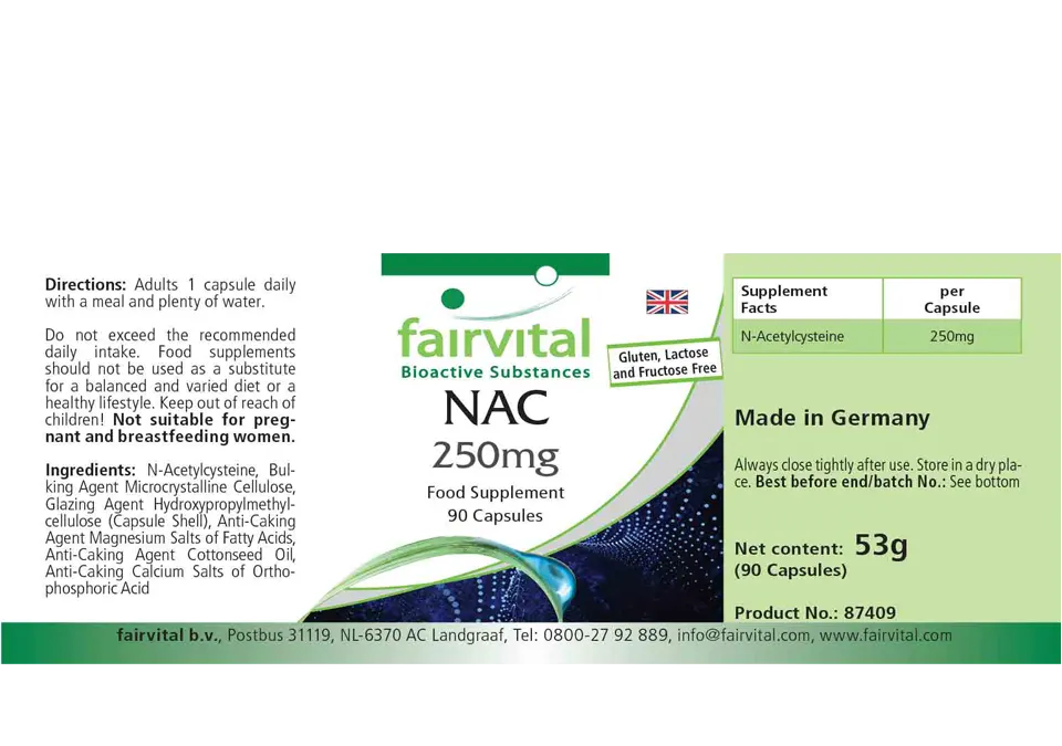 NAC 250mg - 90 Kapseln - N-Acetyl-Cystein - Aminosäure - Vegan | Fairvital NAC 250mg - 90 Kapseln - N-Acetyl-Cystein - Aminosäure - Vegan | Fairvital