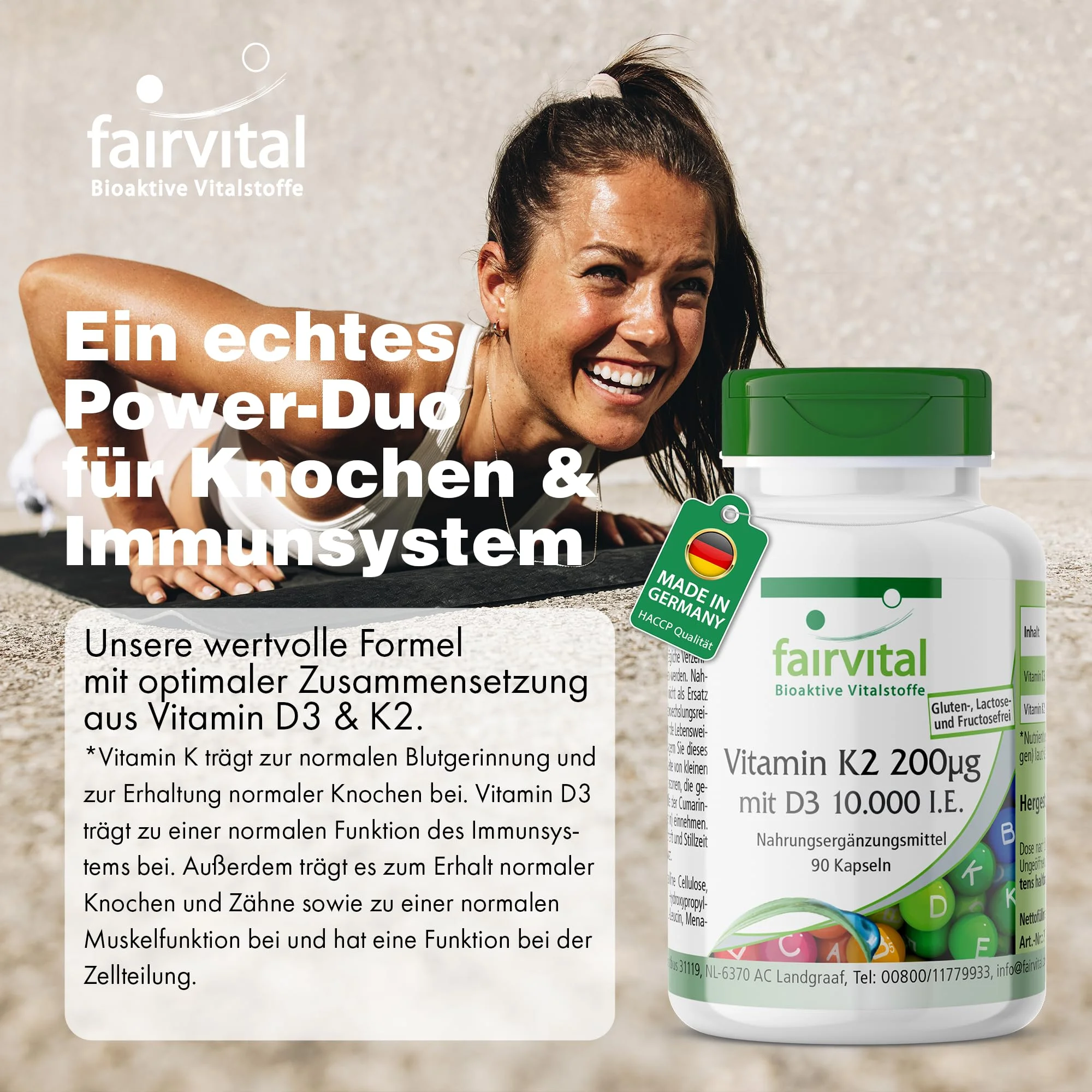 Vitamin K2 200µg mit D3 10000 I.E. - 90 Kapseln - Schluckfreundlich - Für Knochen; Blutgerinnung uvm. | Fairvital