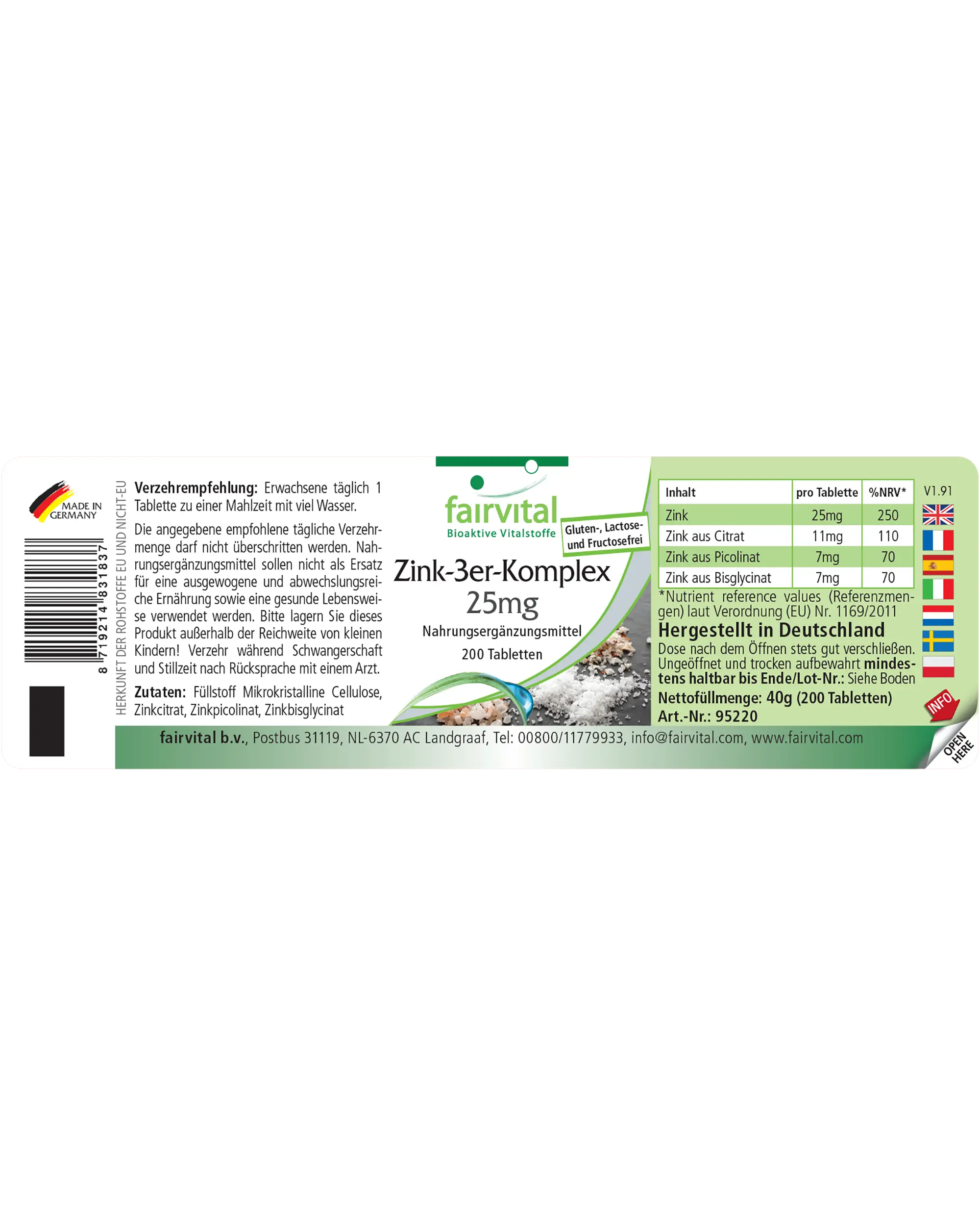 Zinc 3-Complejo 25mg - 200 comprimidos - alta dosis y vegano | Fairvital