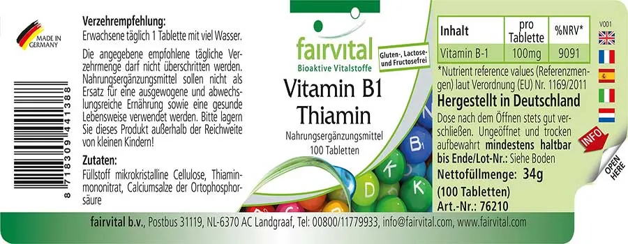 Vitamine B-1 Thiamine - 100 tabletten Vitamine B-1 Thiamine - 100 tabletten