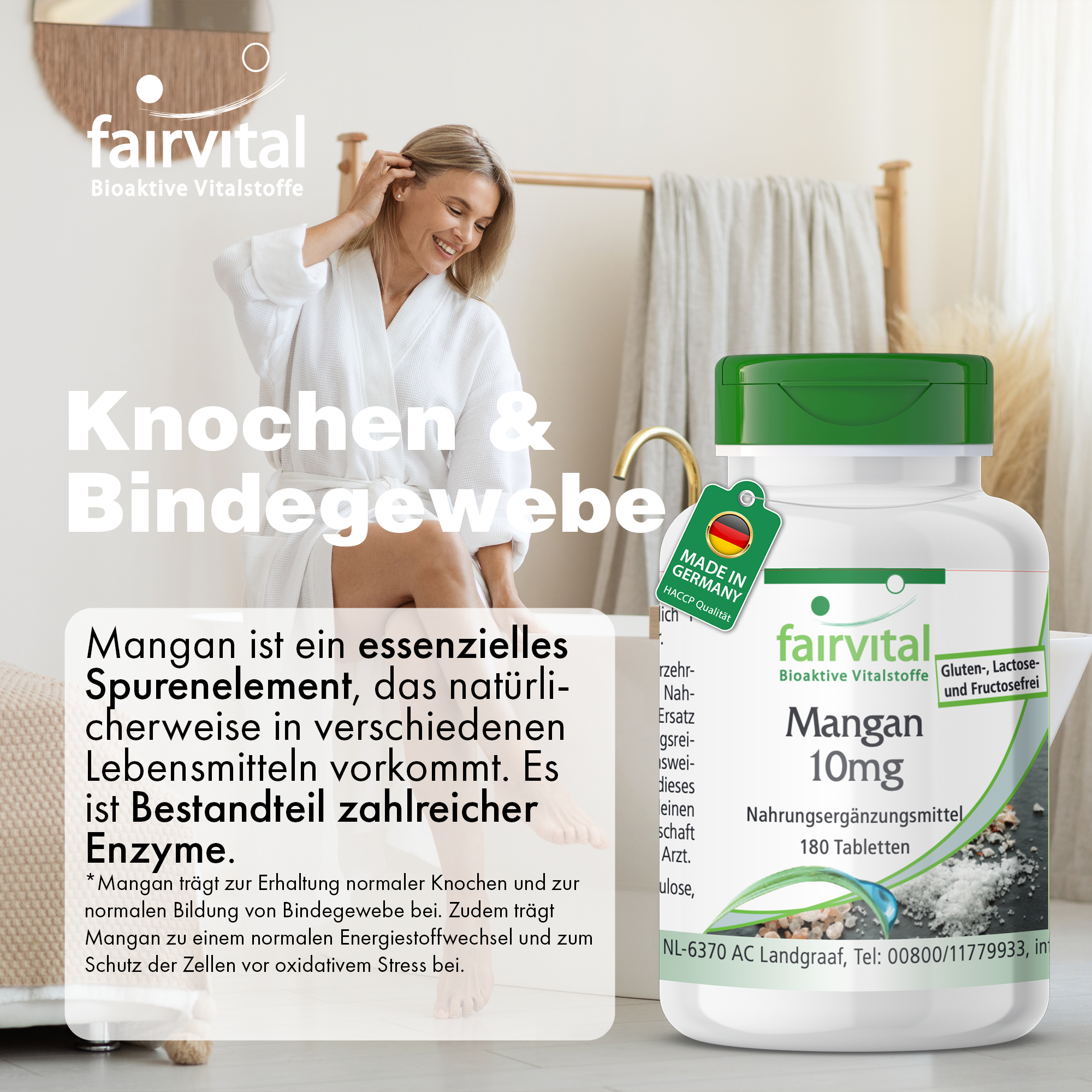 Mangan 10mg - 180 Tabletten - für Knochen, Energie uvm. - hochdosiert und vegan | Fairvital