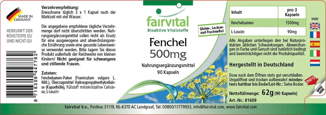 Fenchel 500mg - 90 Kapseln - Foeniculum vulgare Miller - Vegan | Fairvital Fenchel 500mg - 90 Kapseln - Foeniculum vulgare Miller - Vegan | Fairvital
