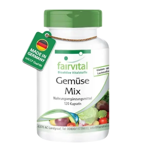 Gemüse Mix - 120 Kapseln - 10 Sorten Gemüse - Hochdosiert und Vegan | Fairvital Gemüse Mix - 120 Kapseln - 10 Sorten Gemüse - Hochdosiert und Vegan | Fairvital