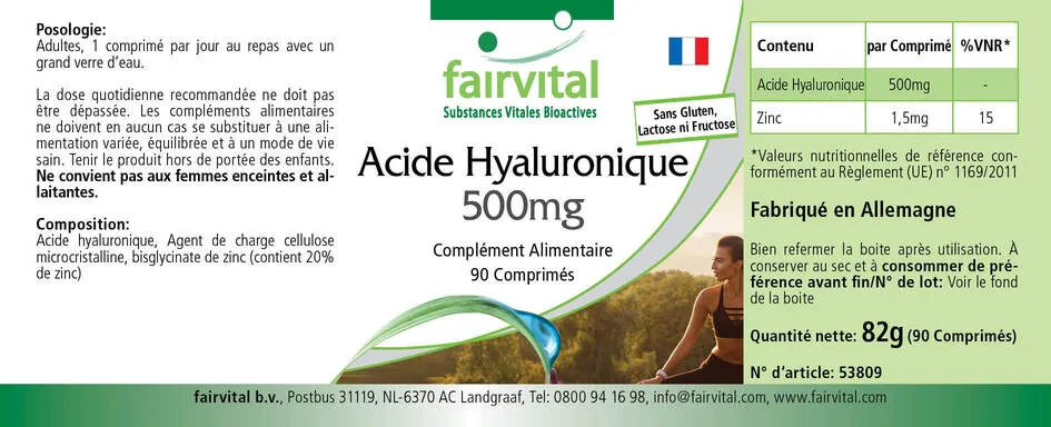 Hyaluronsäure 500mg - 90 Tabletten - mit Zink - für Sehkraft, Immunsystem uvm. - Vegan | Fairvital Hyaluronsäure 500mg - 90 Tabletten - mit Zink - für Sehkraft, Immunsystem uvm. - Vegan | Fairvital