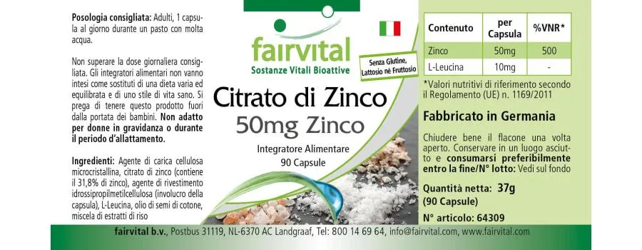 Citrate de zinc avec 50mg de zinc - 90 gélules