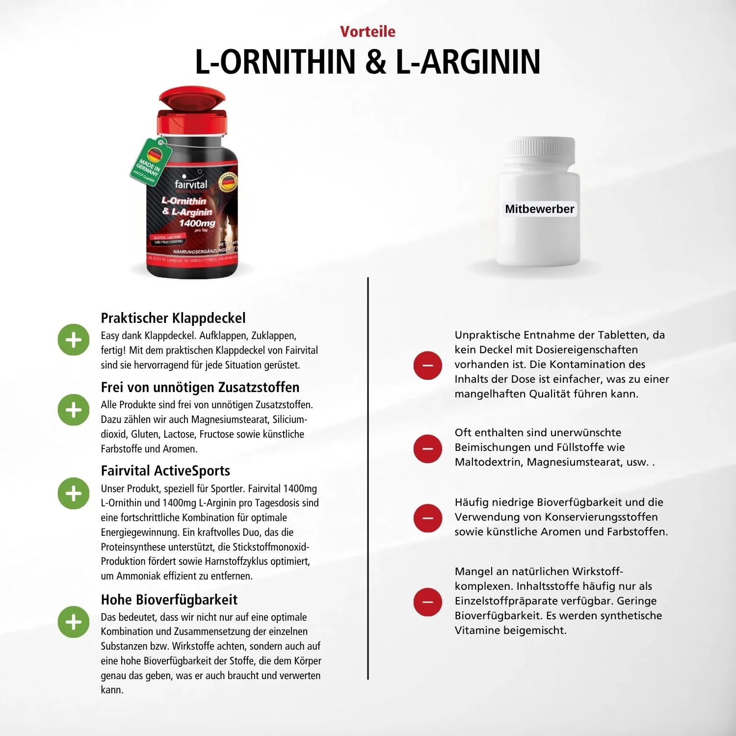 L-Ornithin & L-Arginin 1400mg pro Tagesdosis - 90 Tabletten  - Aminosäure - Hochdosiert und Vegan | Fairvital