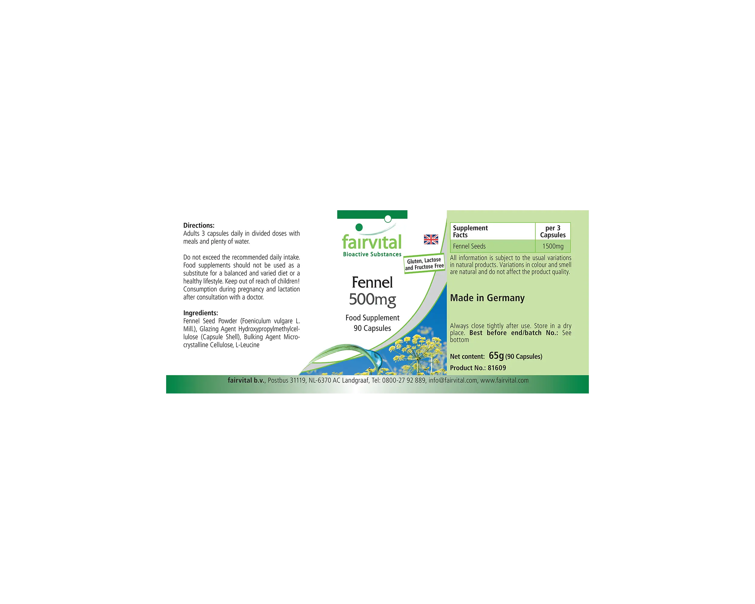 Fenchel 500mg - 90 Kapseln - Foeniculum vulgare Miller - Vegan | Fairvital