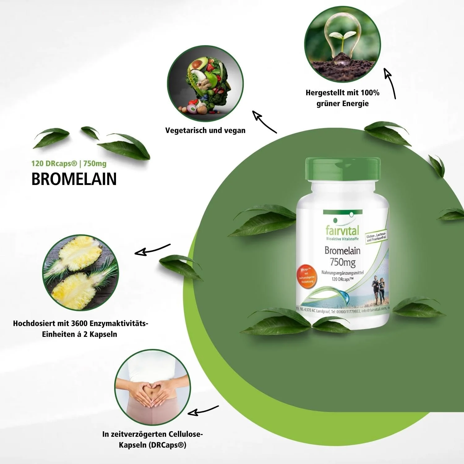 Bromelain 750mg - 120 DRCaps™ - Ananasenzym - Hochdosiert und Vegan | Fairvital