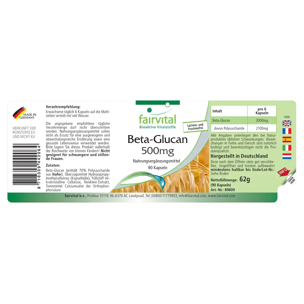 Beta-Glucan 500mg - 90 Kapseln - 70% Polysaccharide aus Hafer - Hochdosiert und Vegan | Fairvital Beta-Glucan 500mg - 90 Kapseln - 70% Polysaccharide aus Hafer - Hochdosiert und Vegan | Fairvital