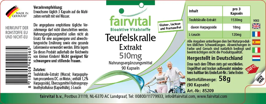 Teufelskralle Extrakt 510mg - 90 Kapseln - Harpagophytum procumbens - Hochdosiert und Vegan | Fairvital Teufelskralle Extrakt 510mg - 90 Kapseln - Harpagophytum procumbens - Hochdosiert und Vegan | Fairvital
