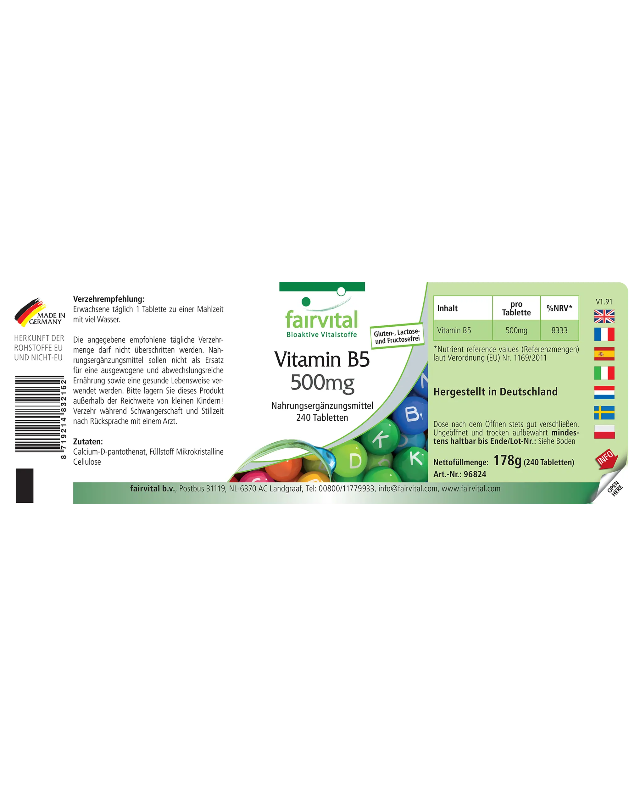 Vitamin B5 500mg - 240 Tabletten - für Energie, geistige Leistungsfähigkeit uvm. - über 100% Bedarfsabdeckung - vegan | Fairvital