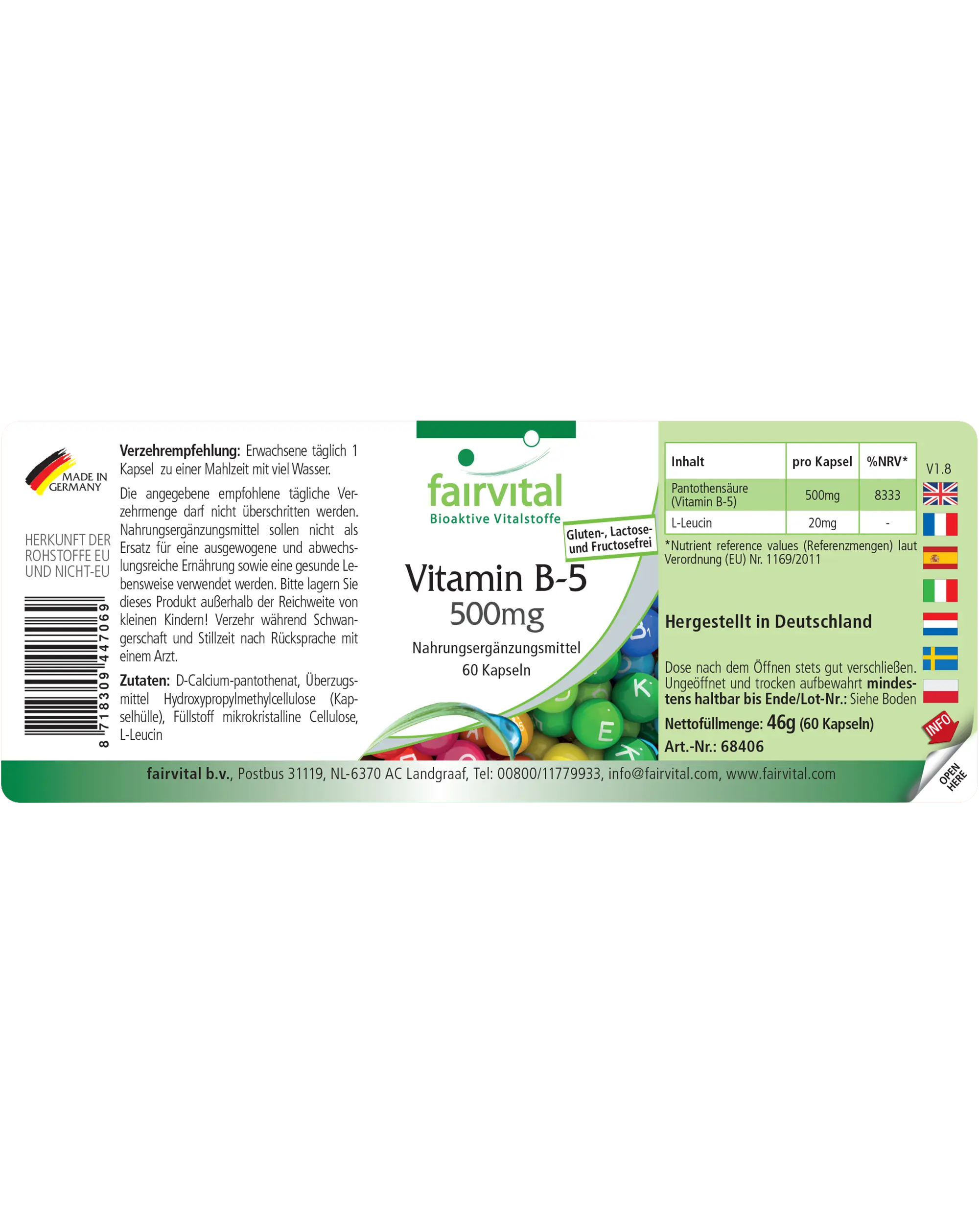 Vitamin B-5 500mg - 60 Kapseln - Pantothensäure - für geistige Leistung, gegen Müdigkeit - abgedeckter Bedarf | Fairvital