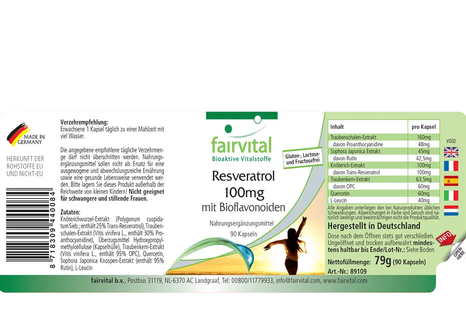 Resveratrol 100mg mit Bioflavonoiden - 90 Kapseln - Hochdosiert und Vegan | Fairvital Resveratrol 100mg mit Bioflavonoiden - 90 Kapseln - Hochdosiert und Vegan | Fairvital
