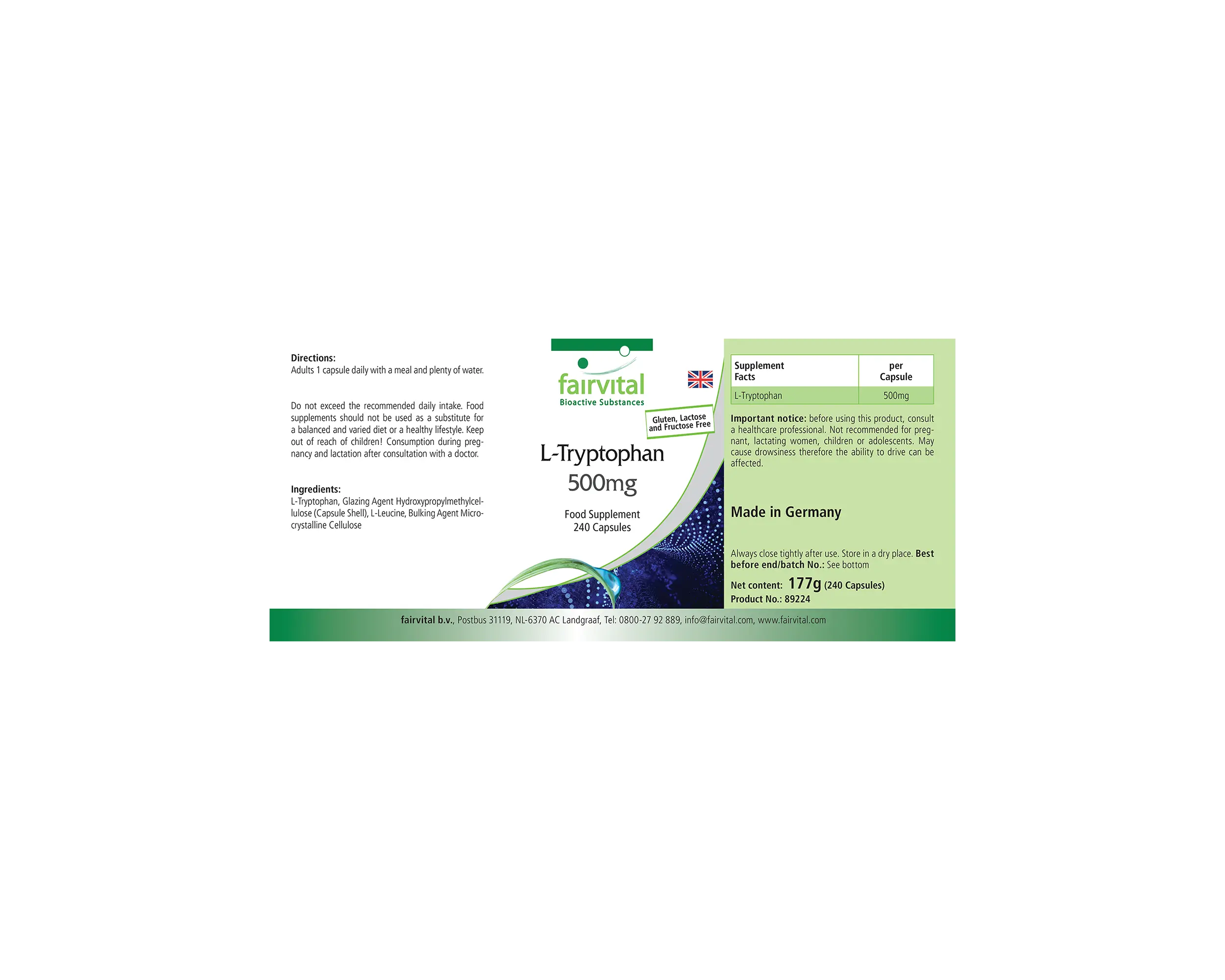 L-Tryptophan 500mg - 240 Kapseln - vegan | Fairvital