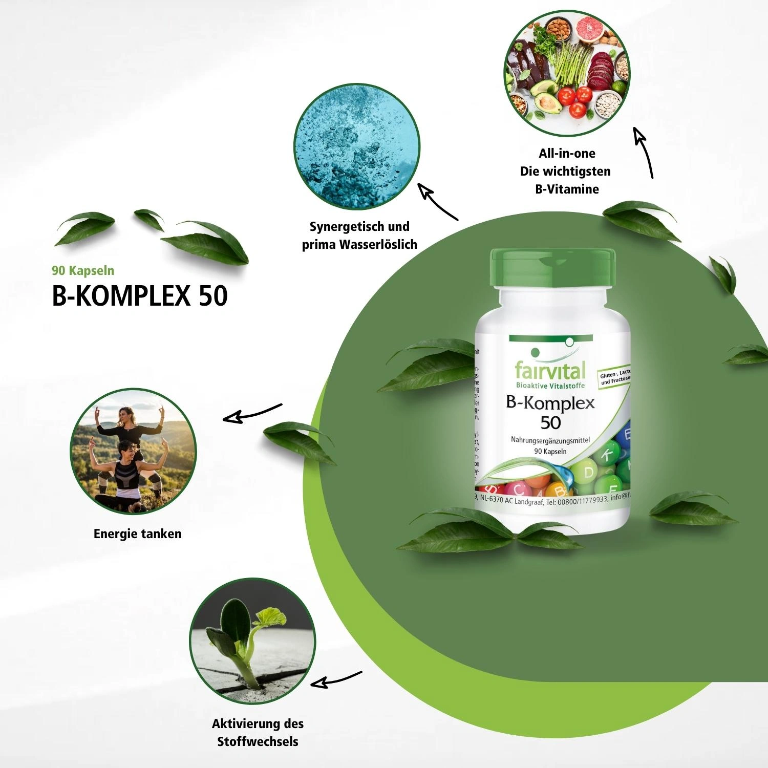 B-Komplex 50 - 90 Kapseln - Schluckfreundlich - Mit B-Vitaminen; Cholin uvm. - Für Immunsystem; Fettstoffwechsel; Energie - abgedeckter Bedarf | Fairvital