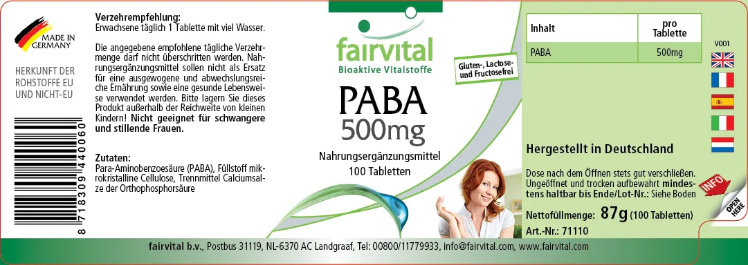 PABA 500mg - Vitamina B-10 - 100 Comprimidos