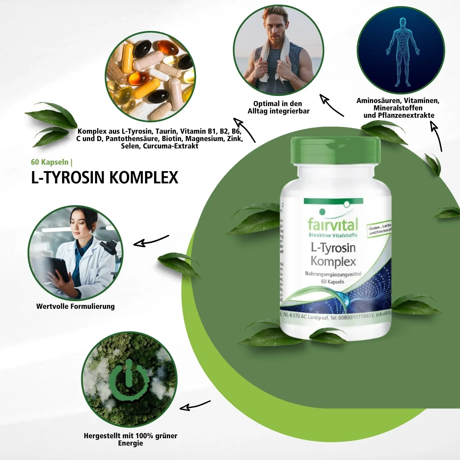 L-Tyrosin Komplex - 60 Kapseln -  mit Curcumin; Taurin; B-Vitaminen und Mineralstoffen | Fairvital
