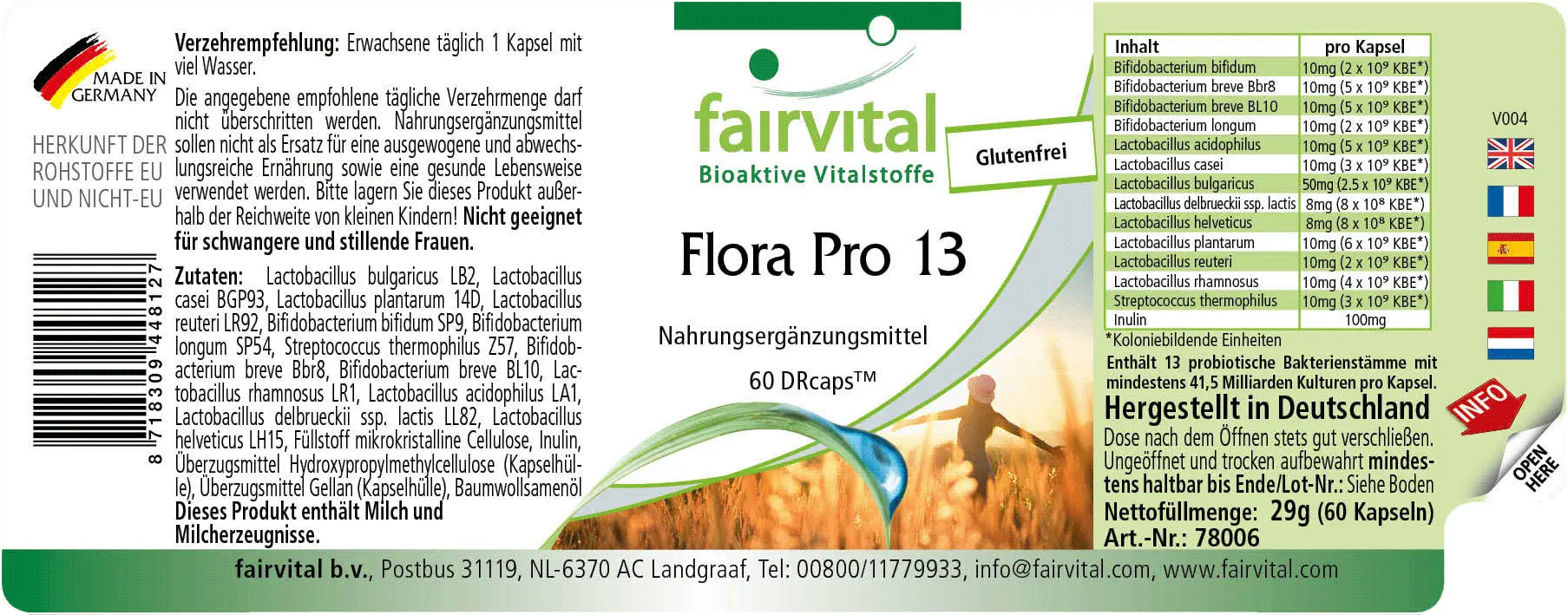 Flora Pro 13 - 60 Kapseln - 13 Bakterienstämme & 41,5 Milliarden Kulturen pro Kapsel - Hochdosiert | Fairvital Flora Pro 13 - 60 Kapseln - 13 Bakterienstämme & 41,5 Milliarden Kulturen pro Kapsel - Hochdosiert | Fairvital