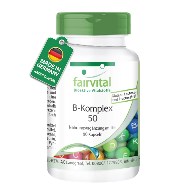 B-Komplex 50 - 90 Kapseln - mit B-Vitaminen, Cholin uvm. - für Immunsystem, Fettstoffwechsel, gegen Müdigkeit - abgedeckter Bedarf | Fairvital