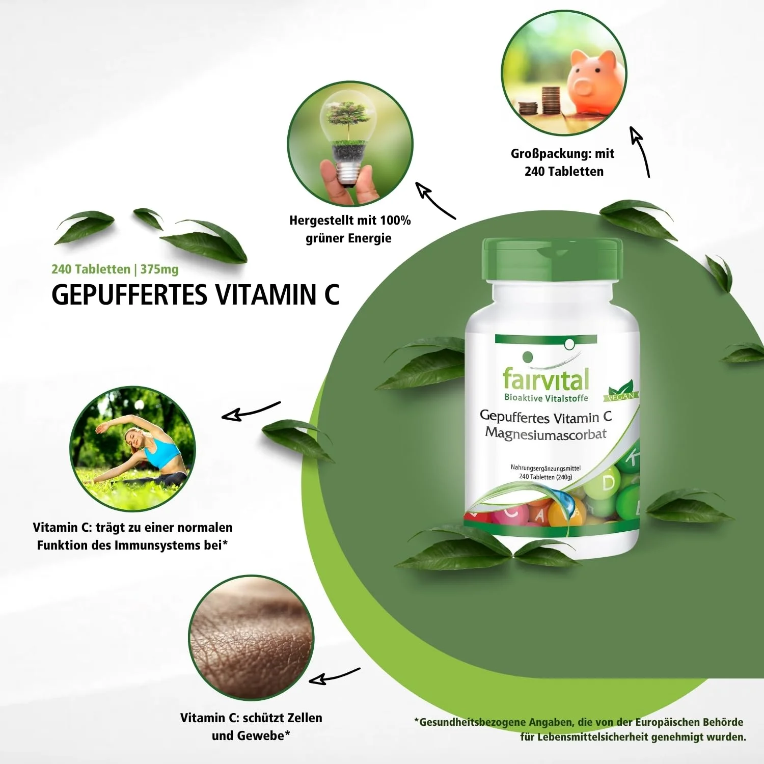 Gepuffertes Vitamin C Magnesiumascorbat - 240 Tabletten - für Immunsystem, Kollagenbildung uvm. | Fairvital