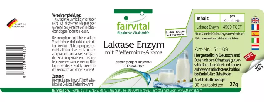 Laktase Enzym mit Pfefferminz Aroma - 90 Kautabletten - Hochdosiert | Fairvital Laktase Enzym mit Pfefferminz Aroma - 90 Kautabletten - Hochdosiert | Fairvital