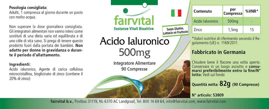 Hyaluronsäure 500mg - 90 Tabletten - mit Zink - für Sehkraft, Immunsystem uvm. - Vegan | Fairvital Hyaluronsäure 500mg - 90 Tabletten - mit Zink - für Sehkraft, Immunsystem uvm. - Vegan | Fairvital