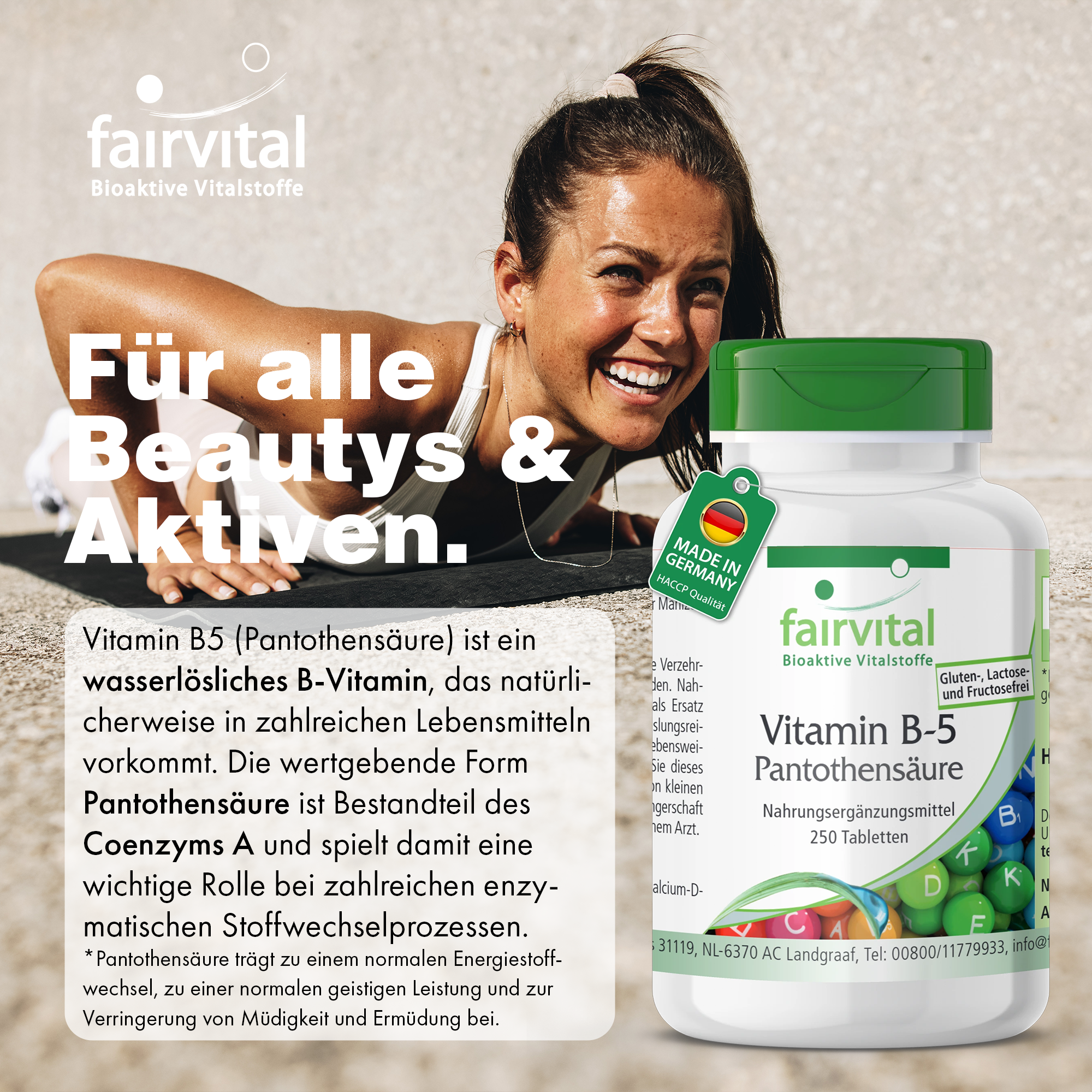 Vitamin B-5 Pantothensäure - 250 Tabletten - Schluckfreundlich - Für geistige Leistung, Energiestoffwechsel uvm. - Hochdosiert und Vegan | Fairvital