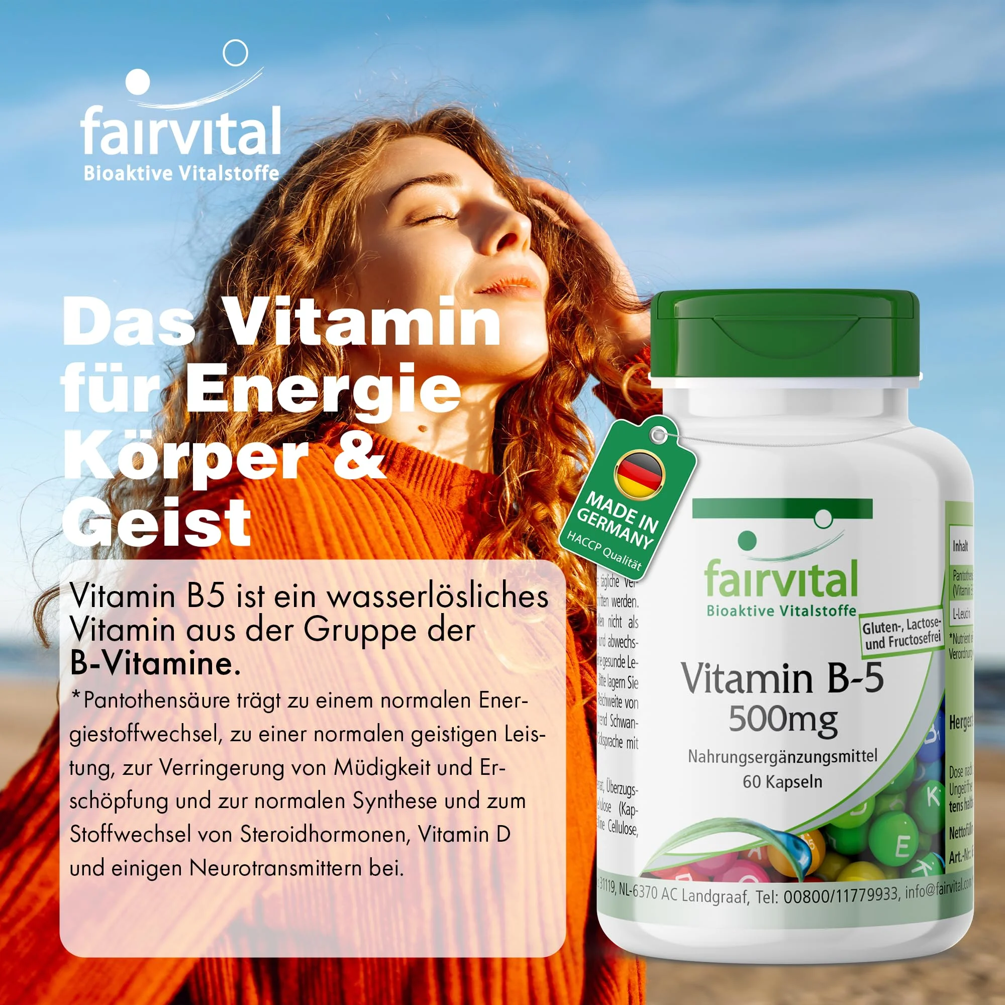 Vitamin B-5 500mg - 60 Kapseln - Pantothensäure - für geistige Leistung; gegen Müdigkeit - abgedeckter Bedarf | Fairvital