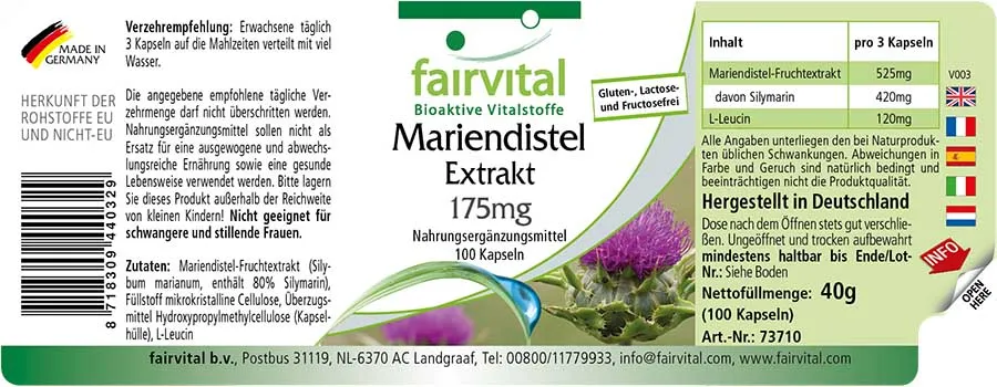 Mariendistel Extrakt 175mg - 100 Kapseln - standardisiert auf 80% Silymarin - Vegan | Fairvital Mariendistel Extrakt 175mg - 100 Kapseln - standardisiert auf 80% Silymarin - Vegan | Fairvital