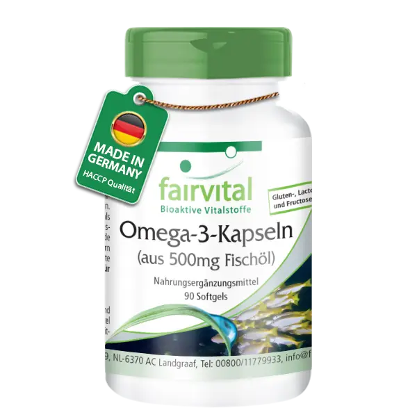Omega-3-Kapseln aus 500mg Fischöl - 90 Softgels - für Blutdruck, Herz und Zellschutz | Fairvital Omega-3-Kapseln aus 500mg Fischöl - 90 Softgels - für Blutdruck, Herz und Zellschutz | Fairvital