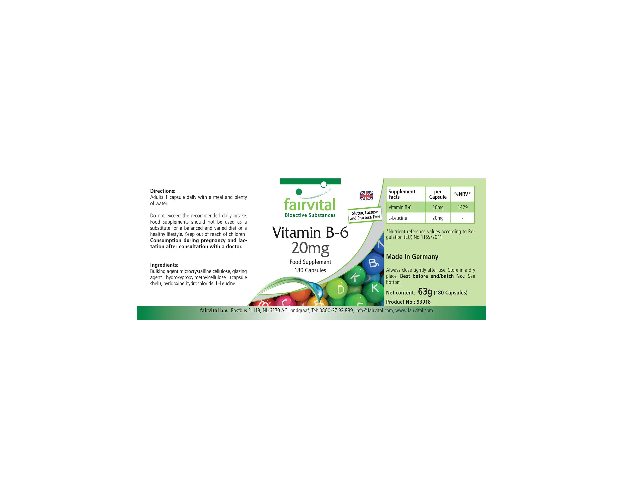 Vitamin B-6 20mg - 180 Kapseln - Pyridoxinhydrochlorid - für Immunsystem, Energie uvm. - Hochdosiert & Vegan | Fairvital