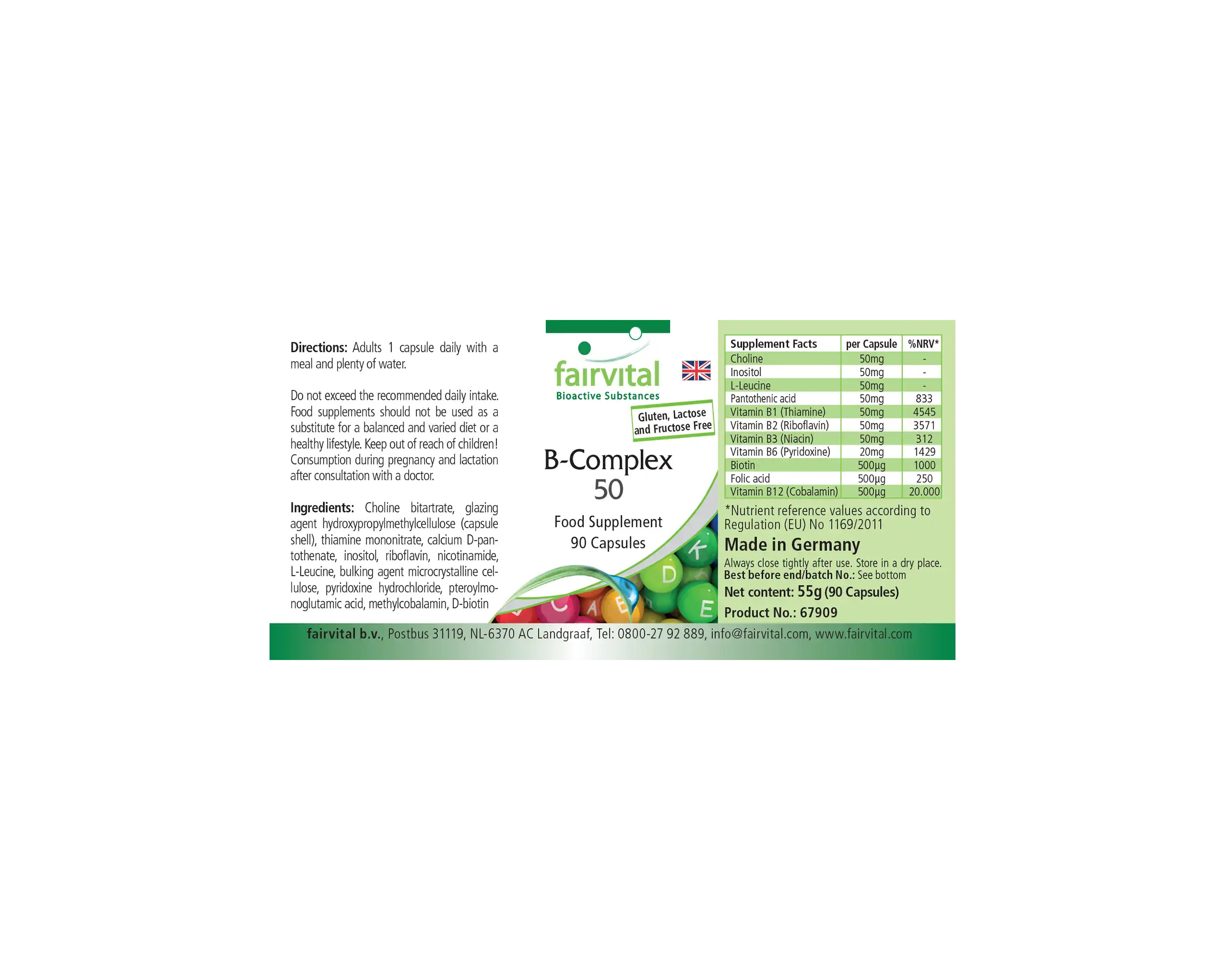 B-Komplex 50 - 90 Kapseln - mit B-Vitaminen, Cholin uvm. - für Immunsystem, Fettstoffwechsel, gegen Müdigkeit - abgedeckter Bedarf | Fairvital