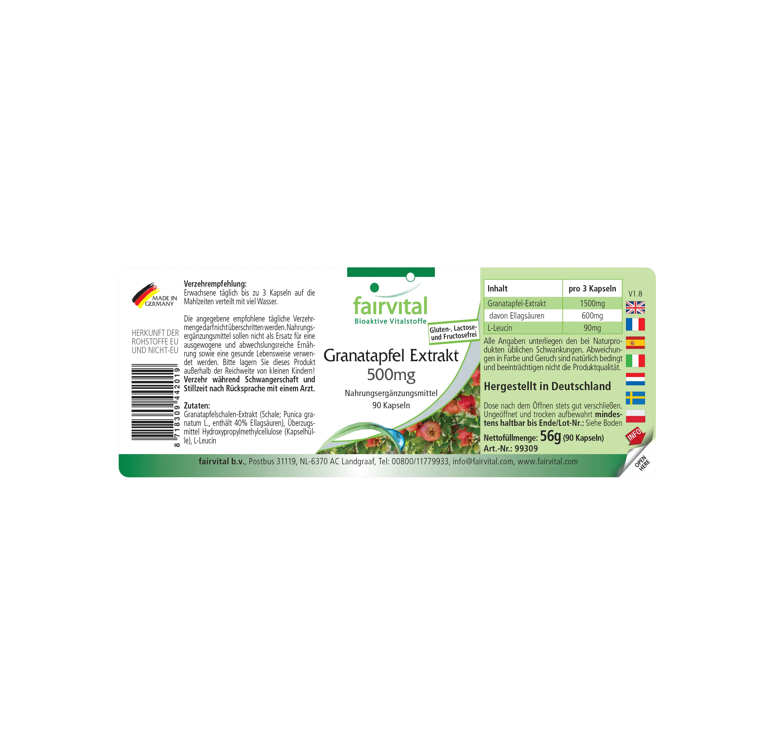 Granatapfel Extrakt 500mg - 90 Kapseln - schluckfreundlich - hochdosiert und vegan | Fairvital
