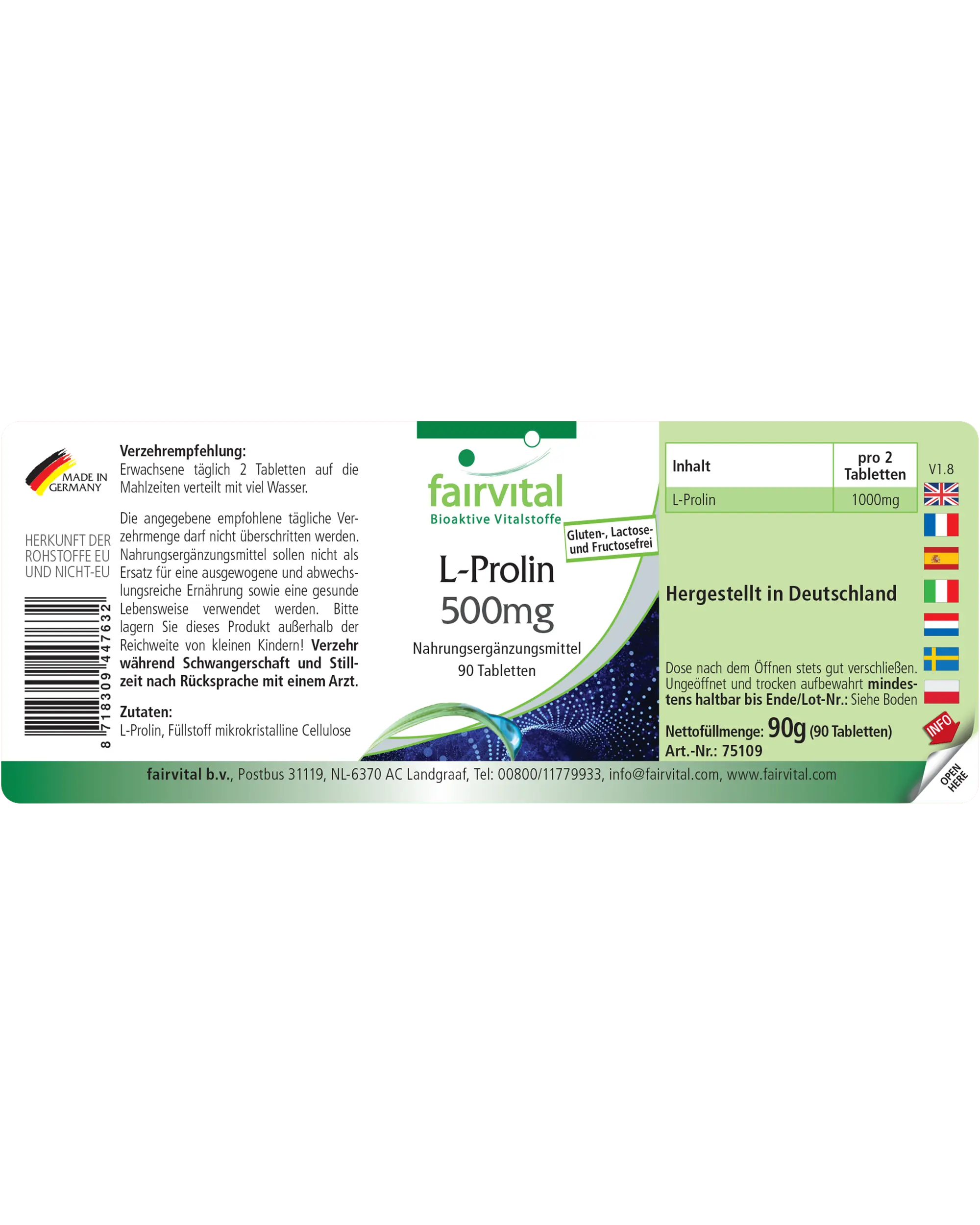 L-Prolin 500mg - 90 Tabletten - Aminosäure - Hochdosiert und Vegan | Fairvital