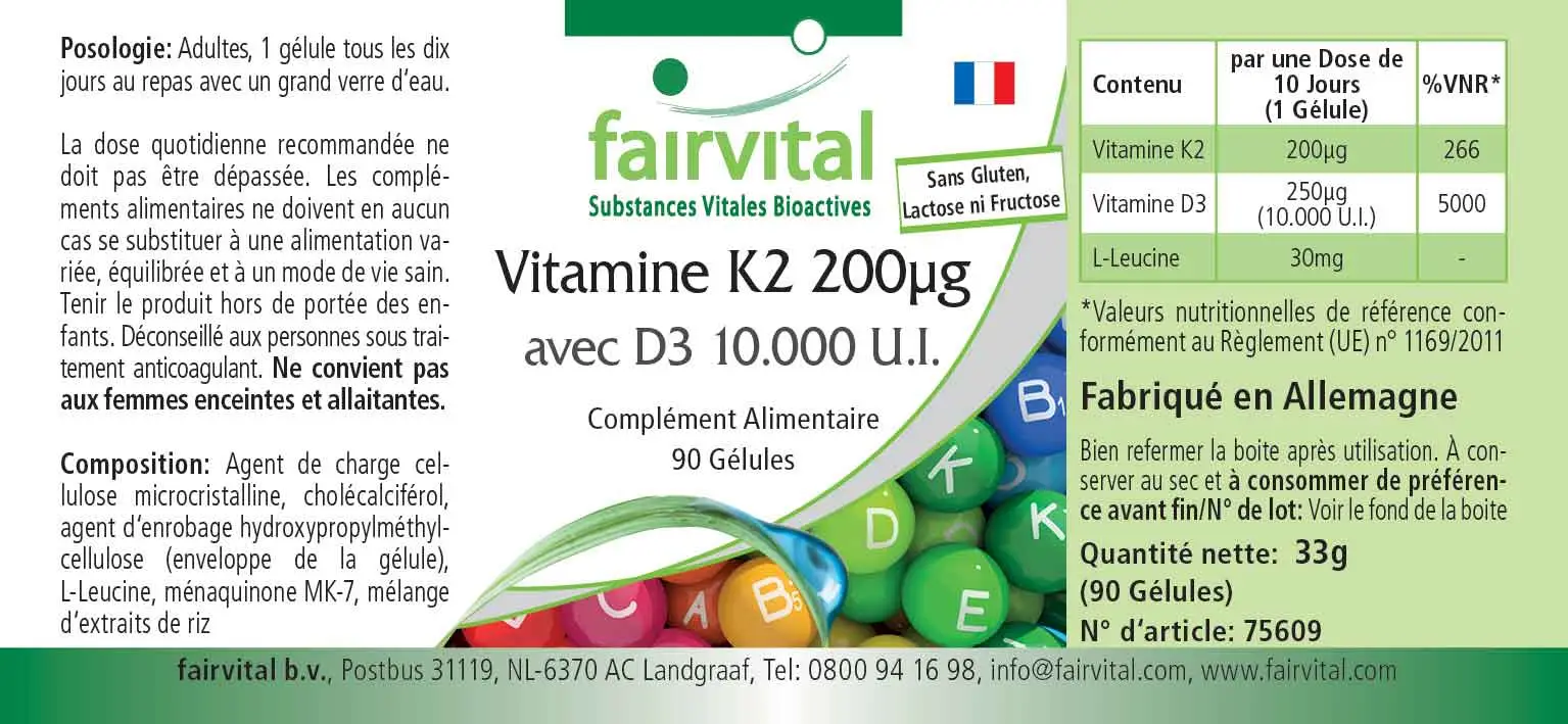 Vitamin K2 200µg mit D3 10000 I.E. - 90 Kapseln - für Knochen, Blutgerinnung uvm. | Fairvital Vitamin K2 200µg mit D3 10000 I.E. - 90 Kapseln - für Knochen, Blutgerinnung uvm. | Fairvital