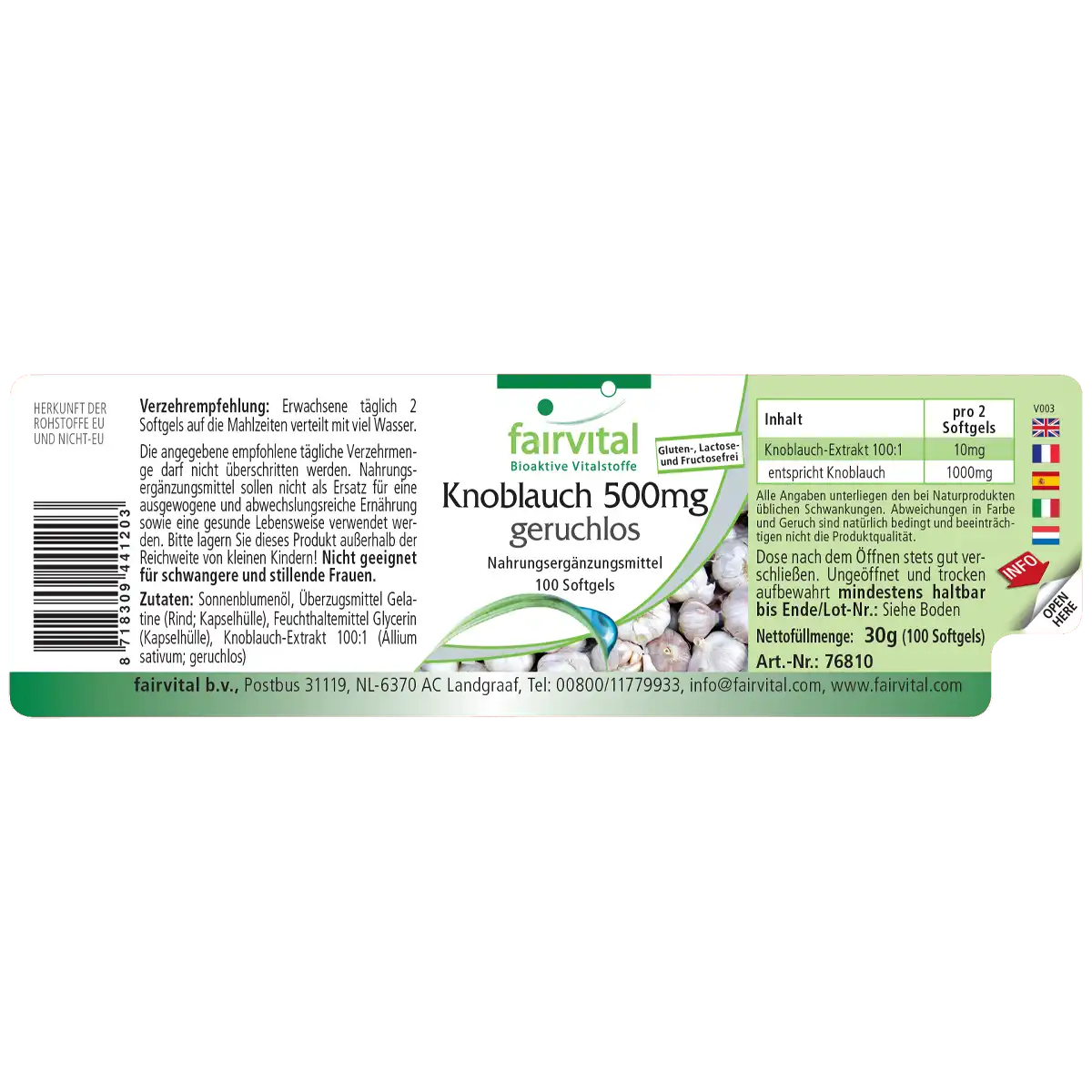 Knoblauch geruchlos 500mg - 100 Softgels - enthält Alliicin - Knoblauch 100:1 Extrakt | Fairvital Knoblauch geruchlos 500mg - 100 Softgels - enthält Alliicin - Knoblauch 100:1 Extrakt | Fairvital